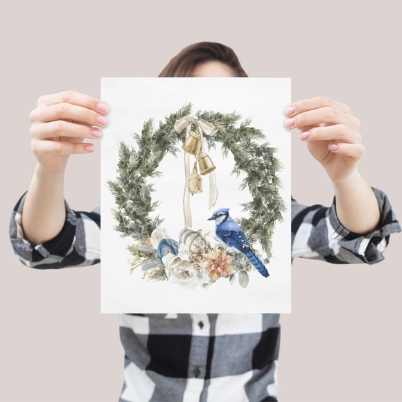 Wall Art Watercolor Blue Jay Christmas Wreath Illustration Print Card, Unframed - Picture 3 of 7